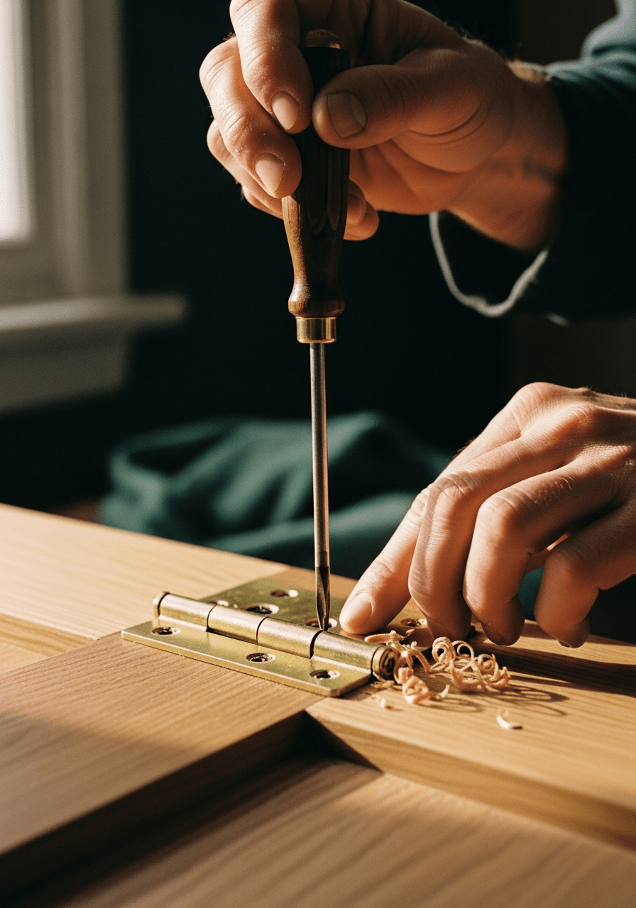 A craftsperson's hands installing a brushed brass hinge on a freshly sanded oak door, wood shavings on the surface, warm morning light.