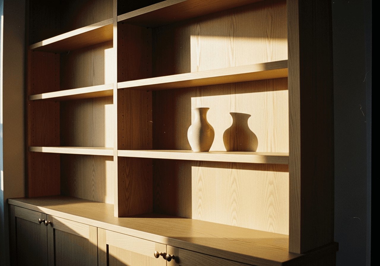 A freshly built oak bookshelf with brass hardware in a sunlit living room.