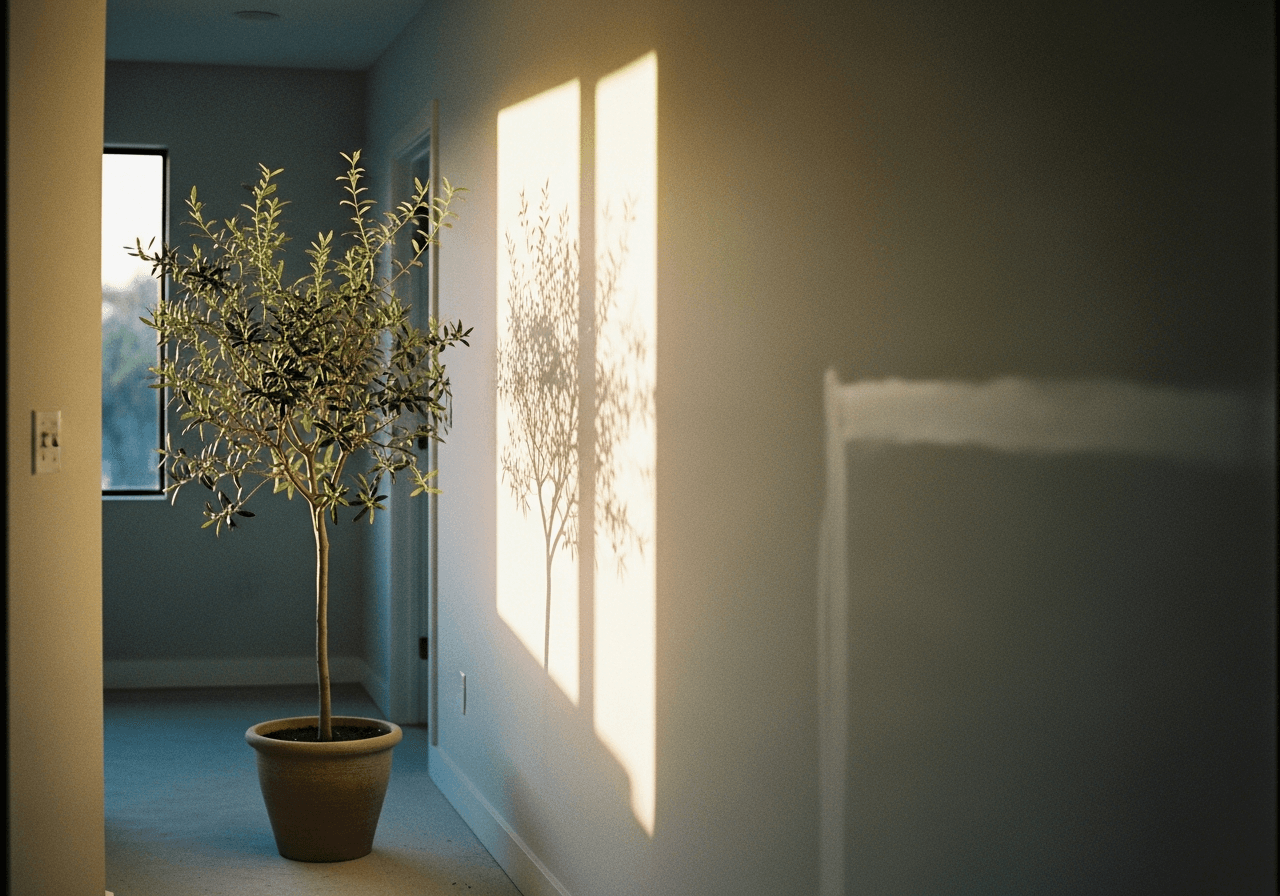 A freshly repaired and repainted sunlit hallway with an olive tree in the foreground.