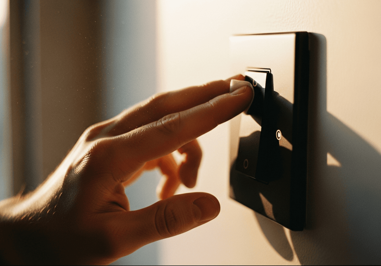 A hand wiping the matte black plate of a newly installed dimmer switch on a warm wall.