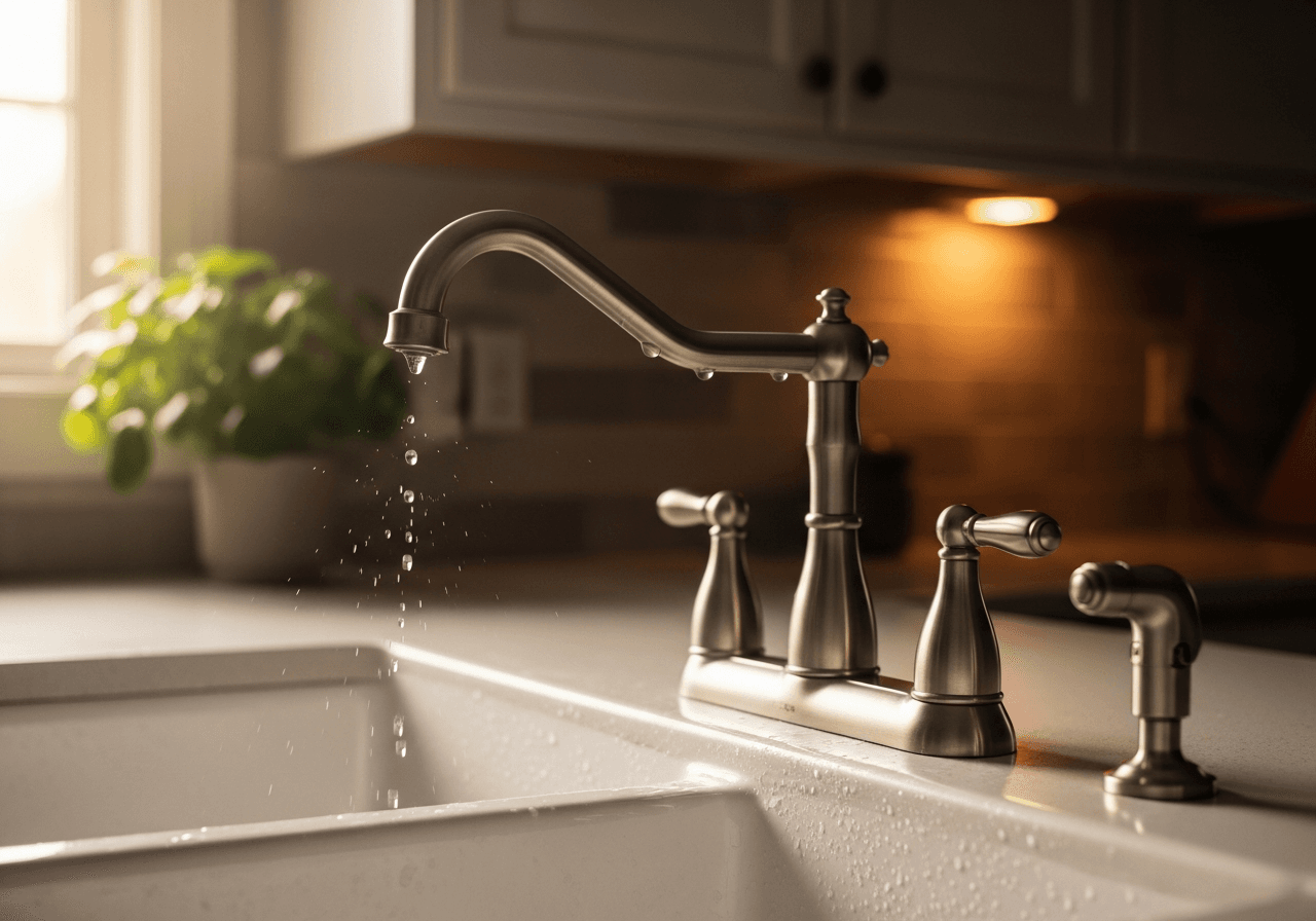 A finished brushed-nickel kitchen faucet over a deep farmhouse sink, morning light from the window.