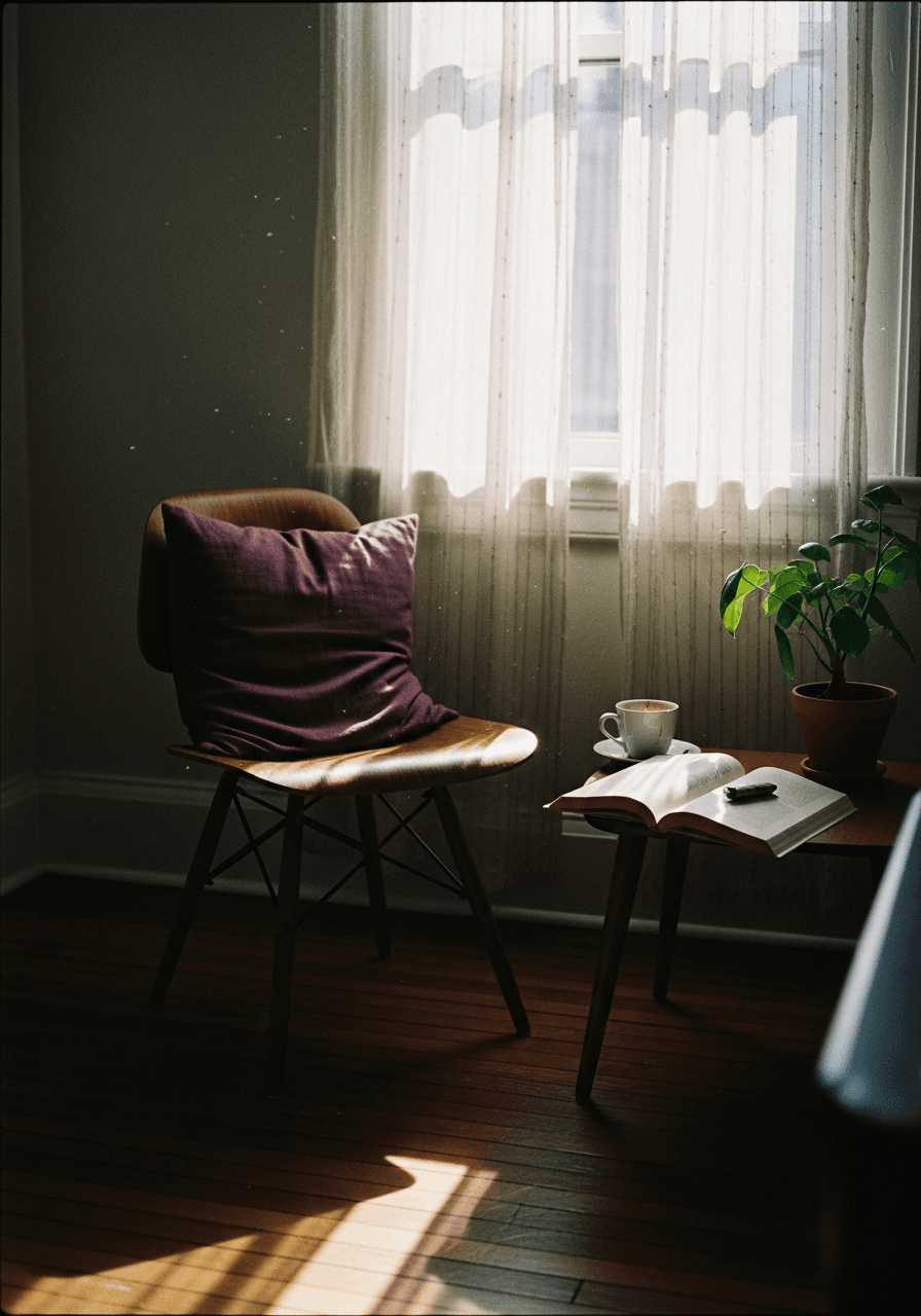 A quiet corner of the Carters' living room: a wooden chair, a side table with coffee and a book, late afternoon sun through gauze curtains.